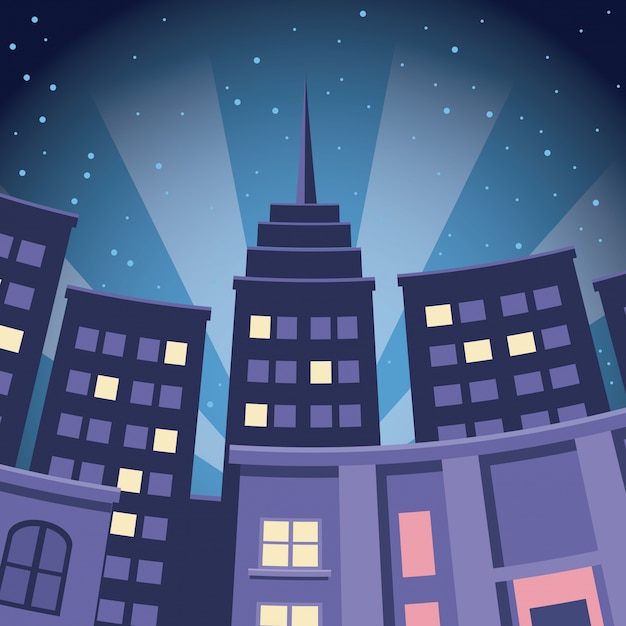 Vector comic city building skyscraper night view