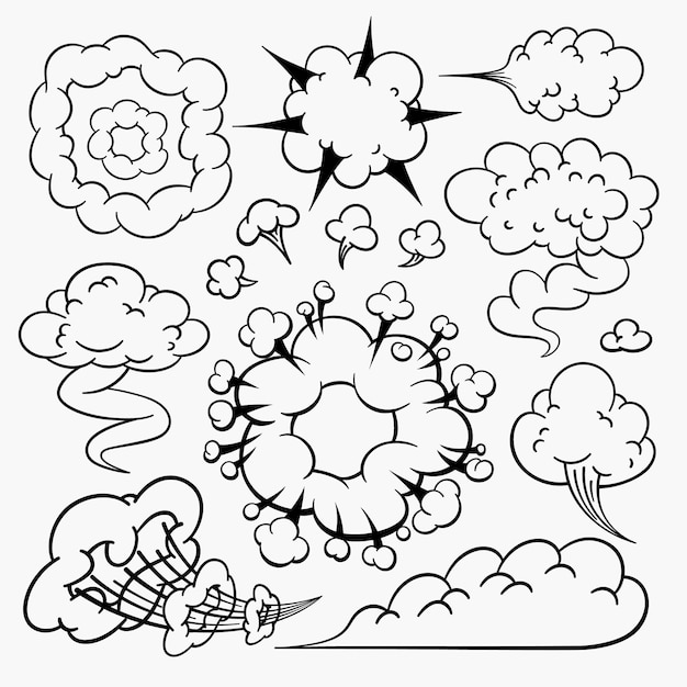 Comic clouds cartoon clouds in line style isolated on light background