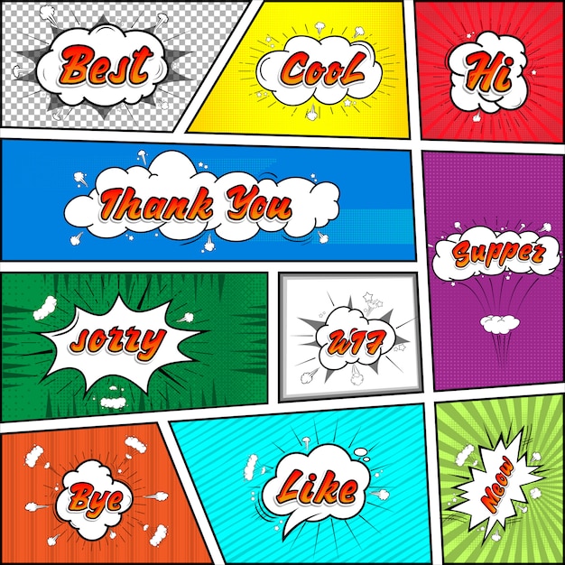 Comic collection colored sound chat text effects pop art vector style. 3d font.