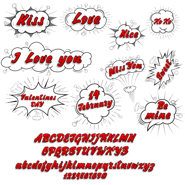 Comic collection love and font 3d, colored sound chat text effects pop art vector style. 3d font.