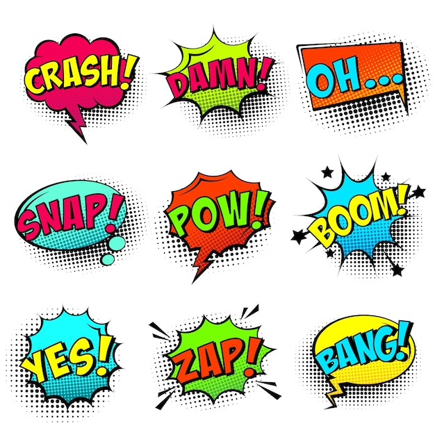 Vector comic colored speech bubbles with halftone shadow and text phrase sound expression of emotion hand