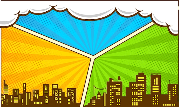 Comic colorful pop art background with city silhouette