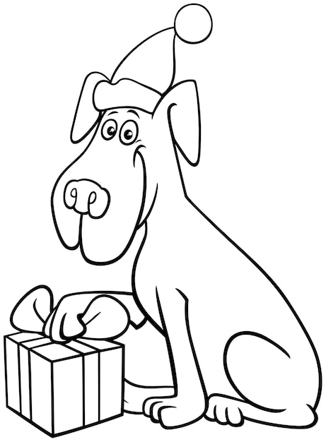 Comic dog with gift on Christmas time coloring page