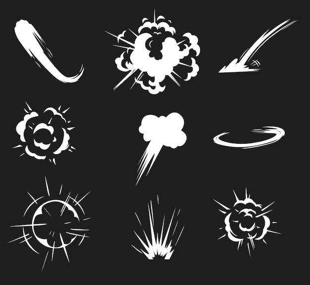 comic energy explosion trace from movements clouds and sparks from bombs or dynamites detonations speed dynamic motion