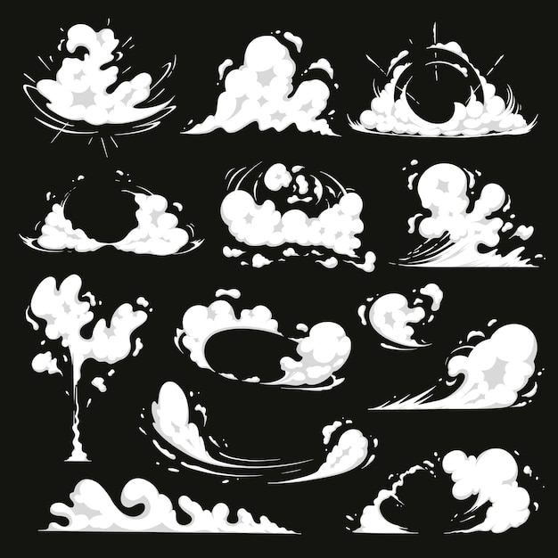 Vector comic explosion effect set vector dust smoke cloud cartoon energy blast and motion speed sparks