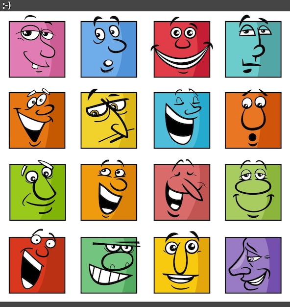 Comic faces and emotions cartoon illustration set