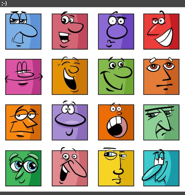 Vector comic faces and expressions cartoon illustration set