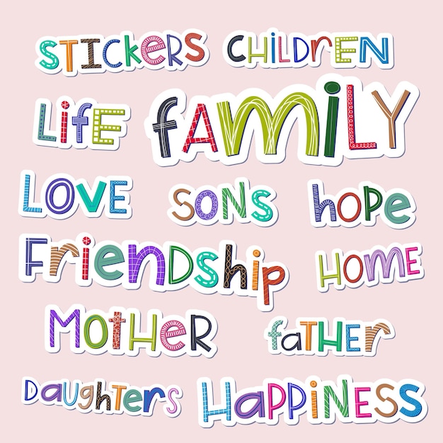 Comic family words stickers with irregular colorful children39s letters Random styles and colors