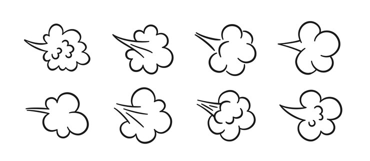 Vector comic fart cloud bad stink balloon explosion angry breath cloud of smoke gas in comic style funny flatulence symbol set of vector illustration isolated on white background