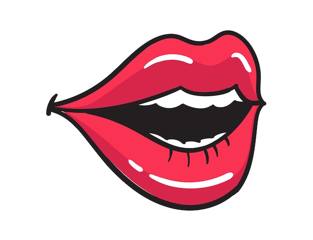 만화 여성 빨간 입술 스티커입니다. 빈티지 만화 스타일의 립스틱으로 여성의 입입니다. 롭 아트 복고풍 그림