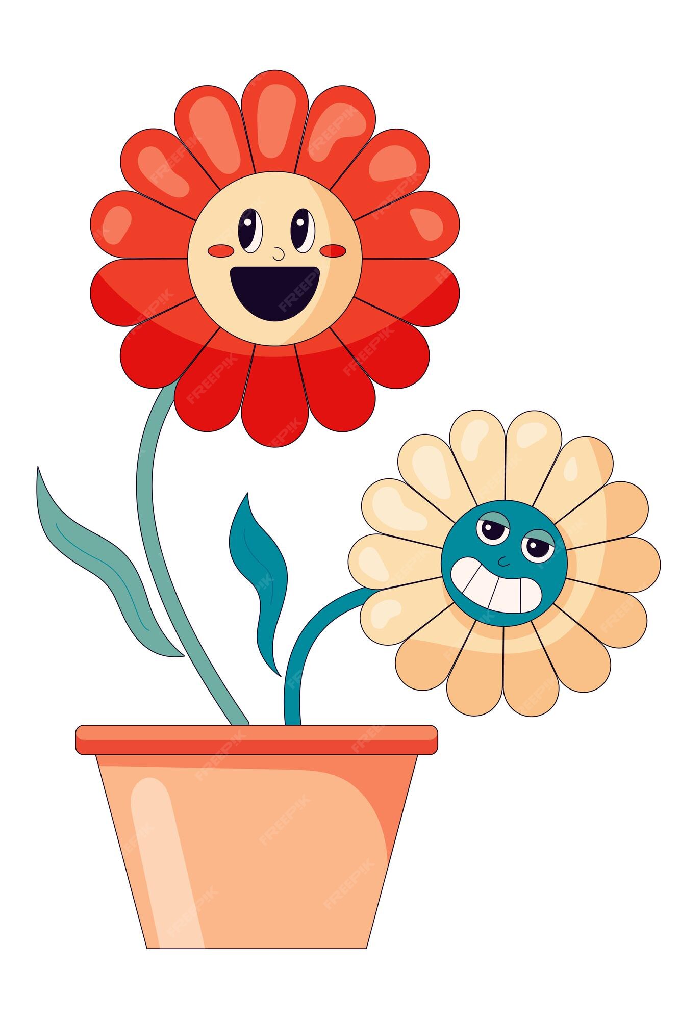 Premium Vector | Comic flower in trendy retro cartoon style funny cartoon flower in a pot character Premium Vector | Comic flower in trendy retro cartoon style funny cartoon flower in a pot character
