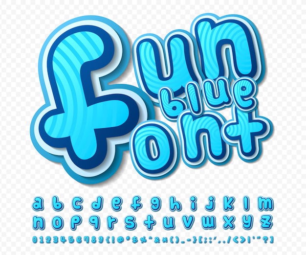 Comic font. blue alphabet in style of comics, pop art.  multilayer cartoon letters and figures