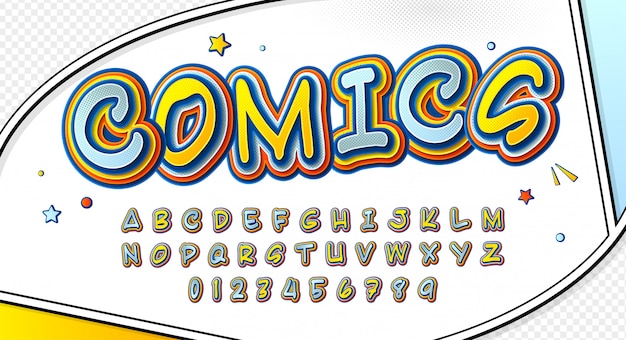 Comic font. Cartoonish alphabet on comic book page