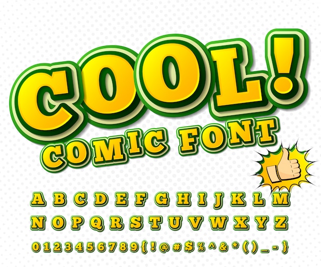 Comic font. Yellow-green alphabet in style of comics, pop art. 