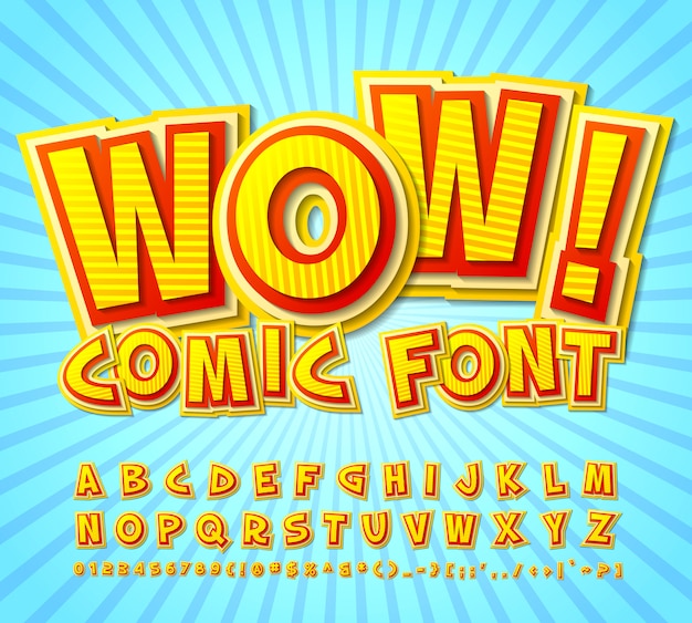 Комический шрифт желто-красный алфавит в стиле комиксов, поп-арт