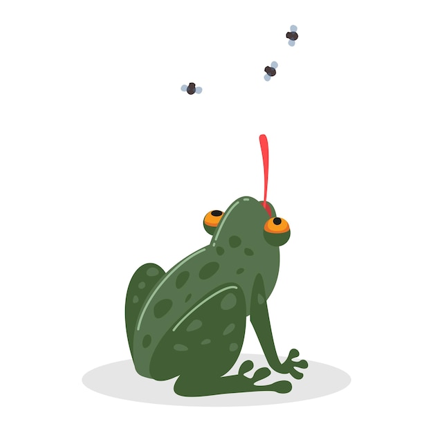 Comic frog catching flies with long tongue vector illustration