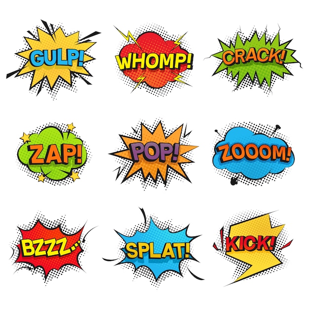 Comic funny speech bubbles collection. set of  sound effects, noise, rumble, buzzing, creak and crash. colorful pop art retro style for comic books