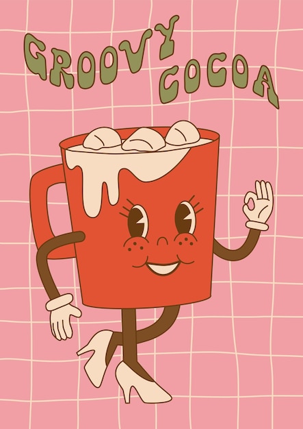 Comic groovy red cocoa mug with marshmallow in trendy cartoon style for card poster print