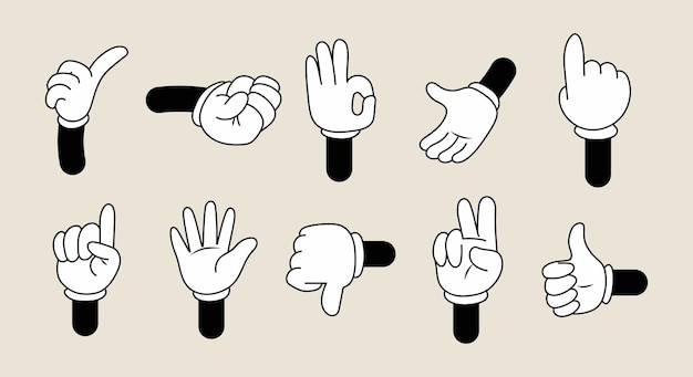 Comic hands Vintage retro hands in gloves Comic retro hands in different poses