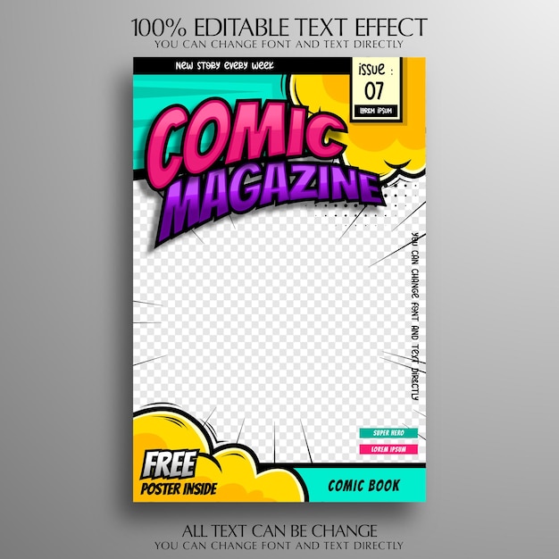 Vector comic magazine template with editable text effect