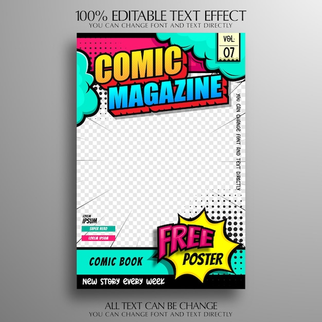 Vector comic magazine template with editable text effect