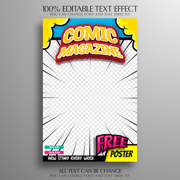 Vector comic magazine template with editable text effect