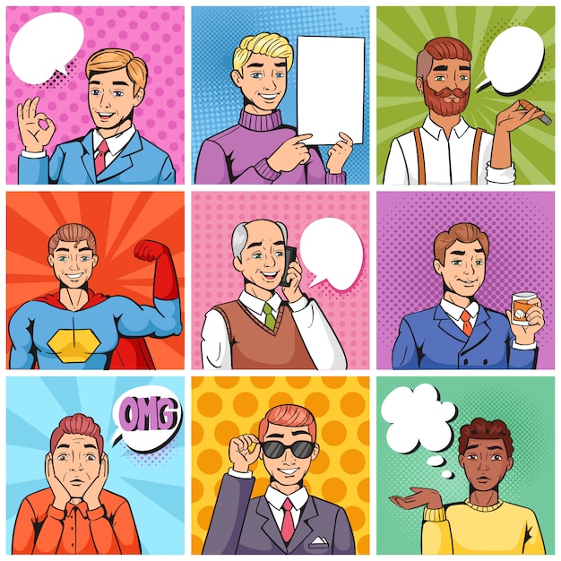 Комический человек попарт мультфильм бизнесмен характер говорящий пузырь речи или комиксов выражение иллюстрации мужской набор мужчин в стиле поп-арт мода