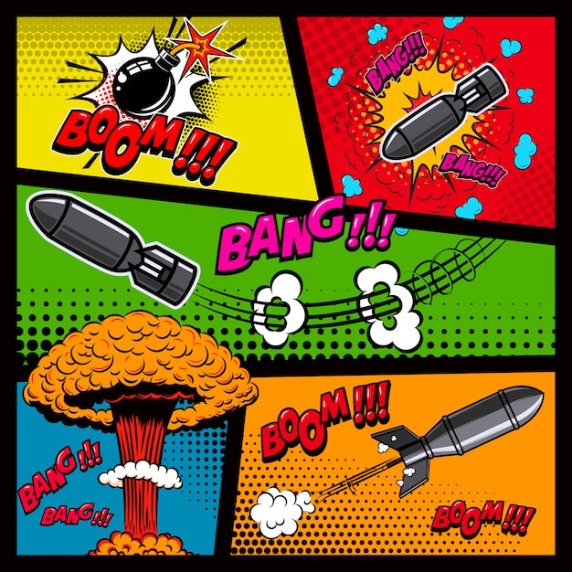 Vector comic page mockup with color background. bomb, dynamite, explosions.  element for poster, card, print, banner, flyer.  image