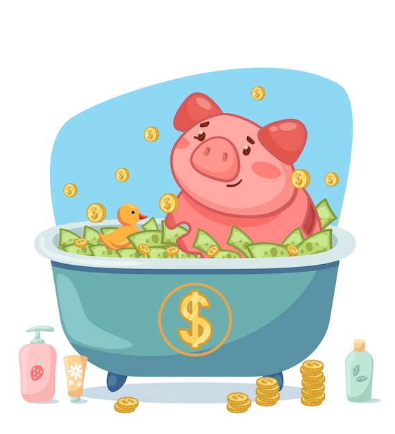 Comic piggybank bathing in cash and coins vector illustration