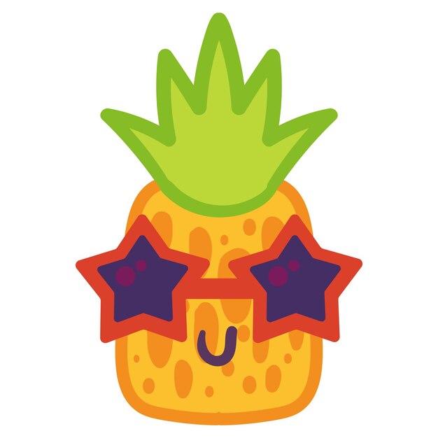 Vettore illustrazione disegnata a mano di emoji di ananas comico. frutta tropicale in patch di occhiali a forma di stella retrò