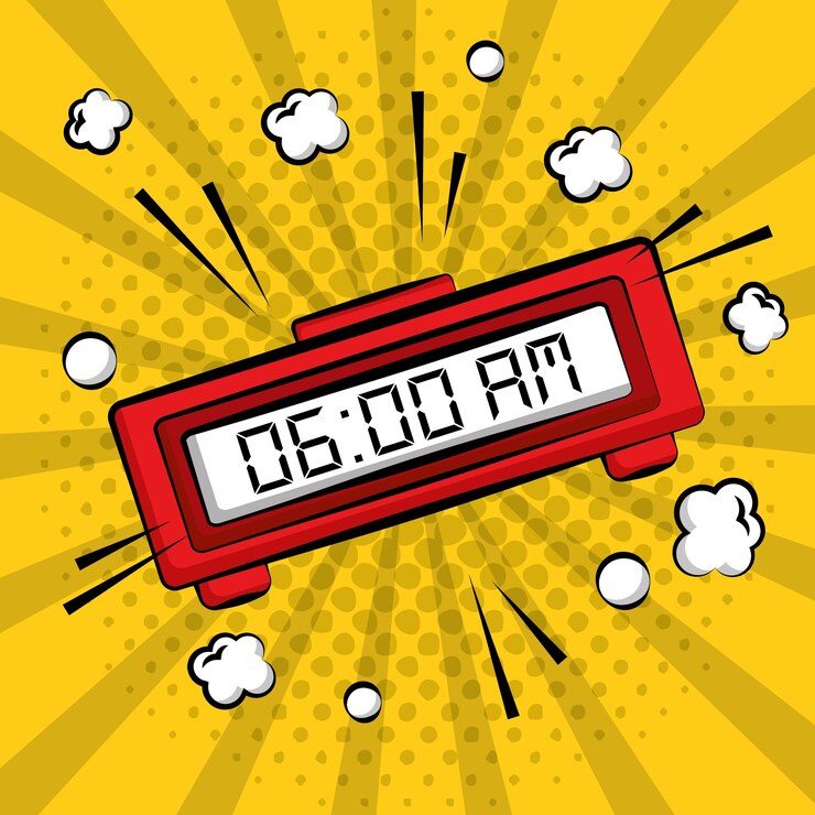 Vector comic pop art alarm clock digital yellow sunburst background 