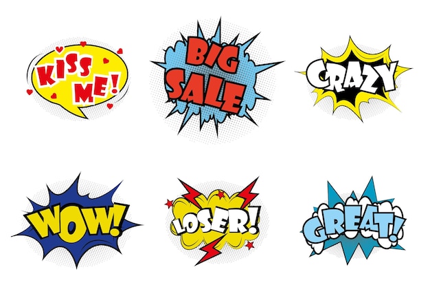 Comic pop art speech bubbles and splashes set with different emotions and text