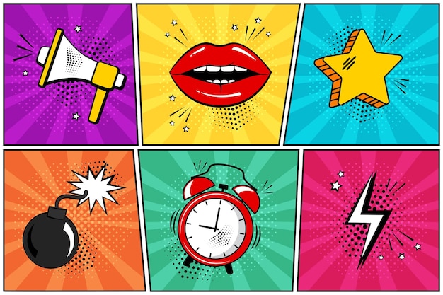 Comic pop-art stijl Megafoon lippen ster bom wekker bliksem
