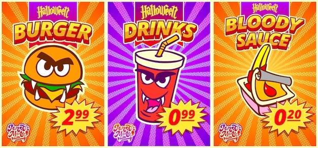 Vector comic poster set with burger drink and bloody sauce for fast food cafe in popart style vector clipart