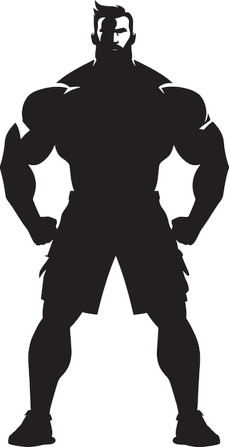 Comic Power Pose Caricature Bodybuilder in zwart logo Icon Flex Fusion Meesterwerk Zwarte Vector Log