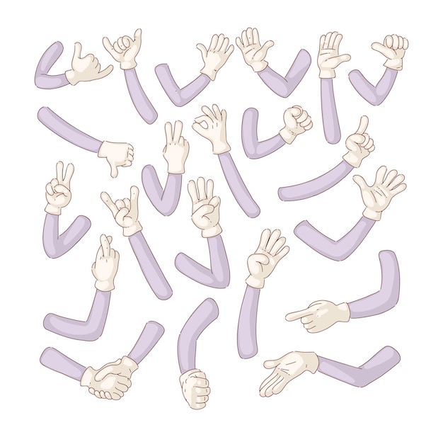 Vector comic retro hands in gloves hand character shows gestures relax, call me, stop, class, peace, fist