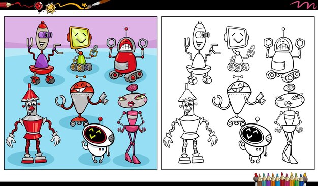 Comic robots or droids characters group coloring page
