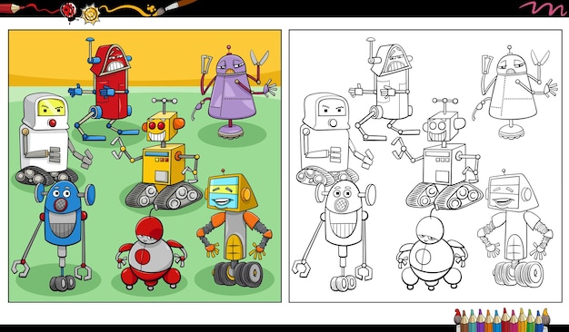 Comic robots or droids characters group coloring page