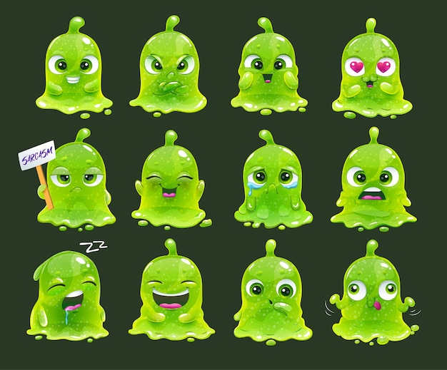 Alieni viscidi comici personaggi divertenti di melma verde dei cartoni animati