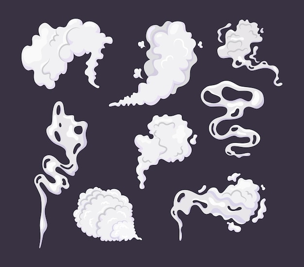 Vector comic smoke cloud set smoking cartoon steam clouds with motion sprite speed