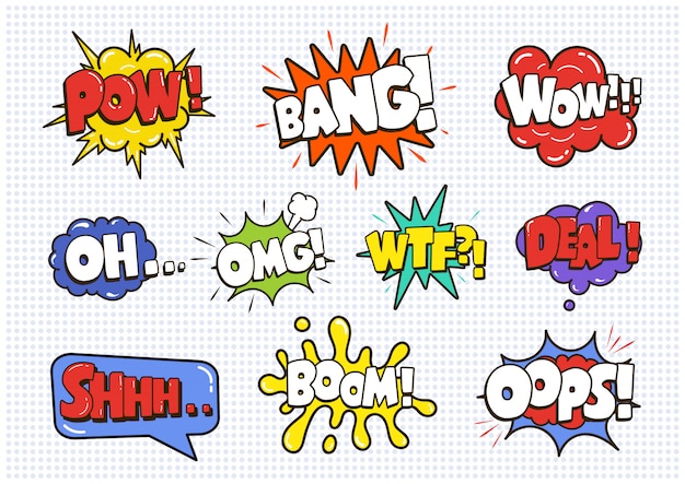 Vector comic sound speech effect bubbles set isolated on white