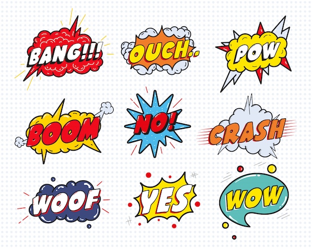 Vettore bolle comiche di effetto vocale del suono messe isolate. wow, pow, bang, ouch, crash, woof, no, yes lettering.