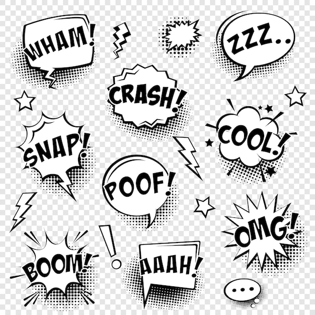 Vector comic speech bubbels met halftone schaduw en tekst frase vector hand getekende retro cartoon stickers