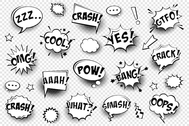 Comic speech bubbels met halftone schaduw en tekst frase vector hand getekende retro cartoon stickers
