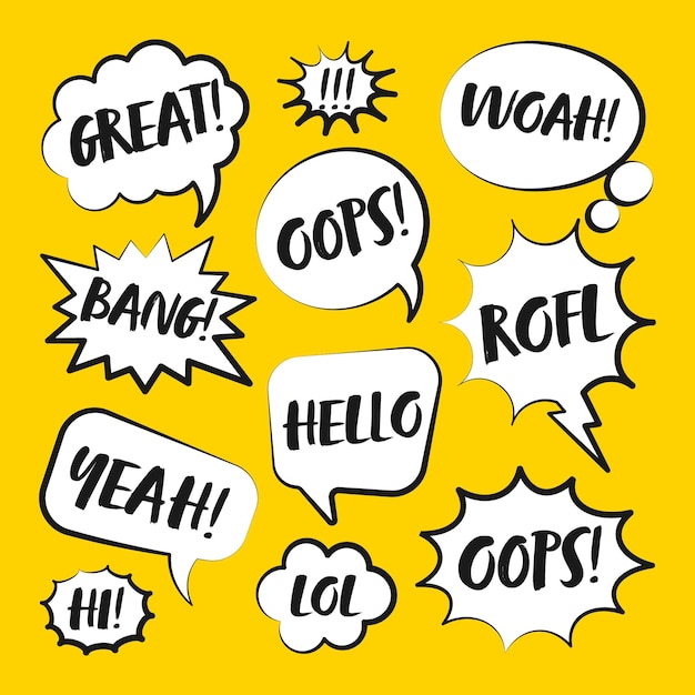 Comic speech bubbels met handgeschreven tekst outline hand getekende retro cartoon stickers op geel