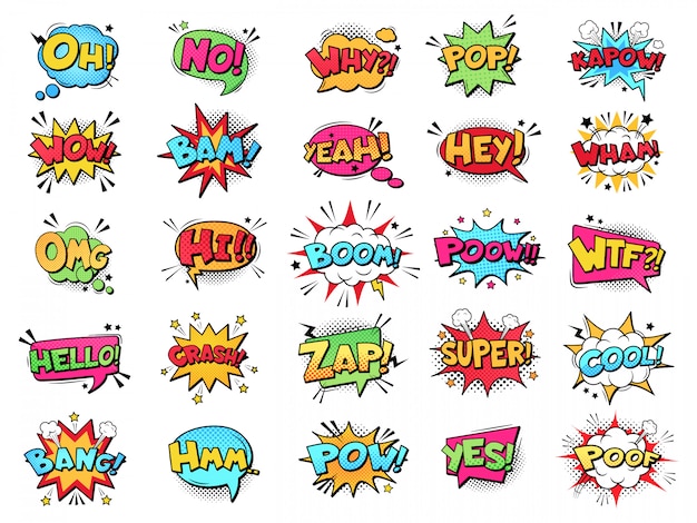 Comic speech bubble. Cartoon comic book text clouds. Comic pop art book pow, oops, wow, boom exclamation signs  comics words set. Creative retro balloons with slang phrases and expressions