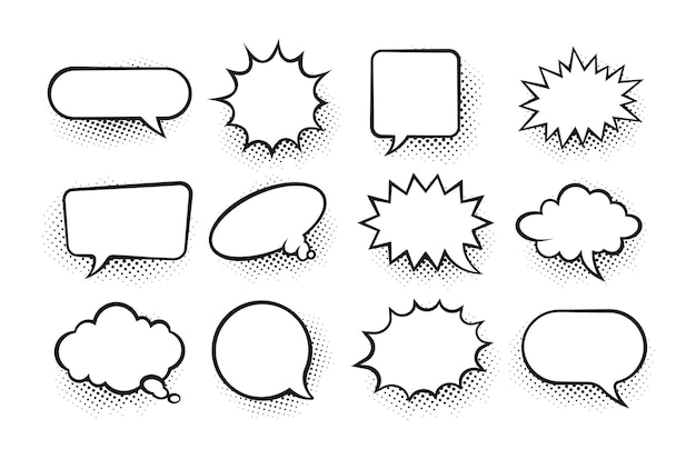 Vector comic speech bubble cartoon retro surprise dialog frames blank sketch form for pow splash and boom text effects isolated chat balloons template vector black and white stickers set