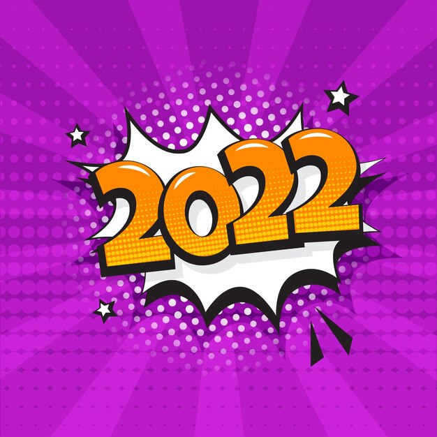 Comic speech bubble new year vector icon on purple background. comic sound effect, stars and halftone dots shadow in pop art style. holiday