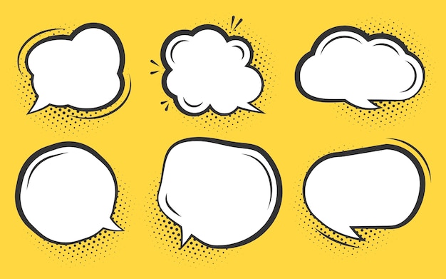 Comic speech bubble set. cartoon empty text clouds with halftone dot shadow. different shapes blank pop art line doodle bubbles. comics message balloon template. isolated on orange