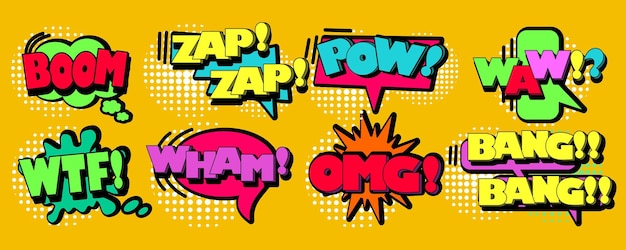 Comic speech bubble set colored dialog cloud with halftone dots background pop art style